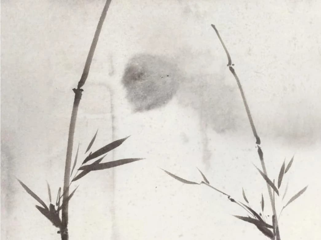 A tall ink painting of two thin bamboo stalks leaning towards each other against a soft grey sky.