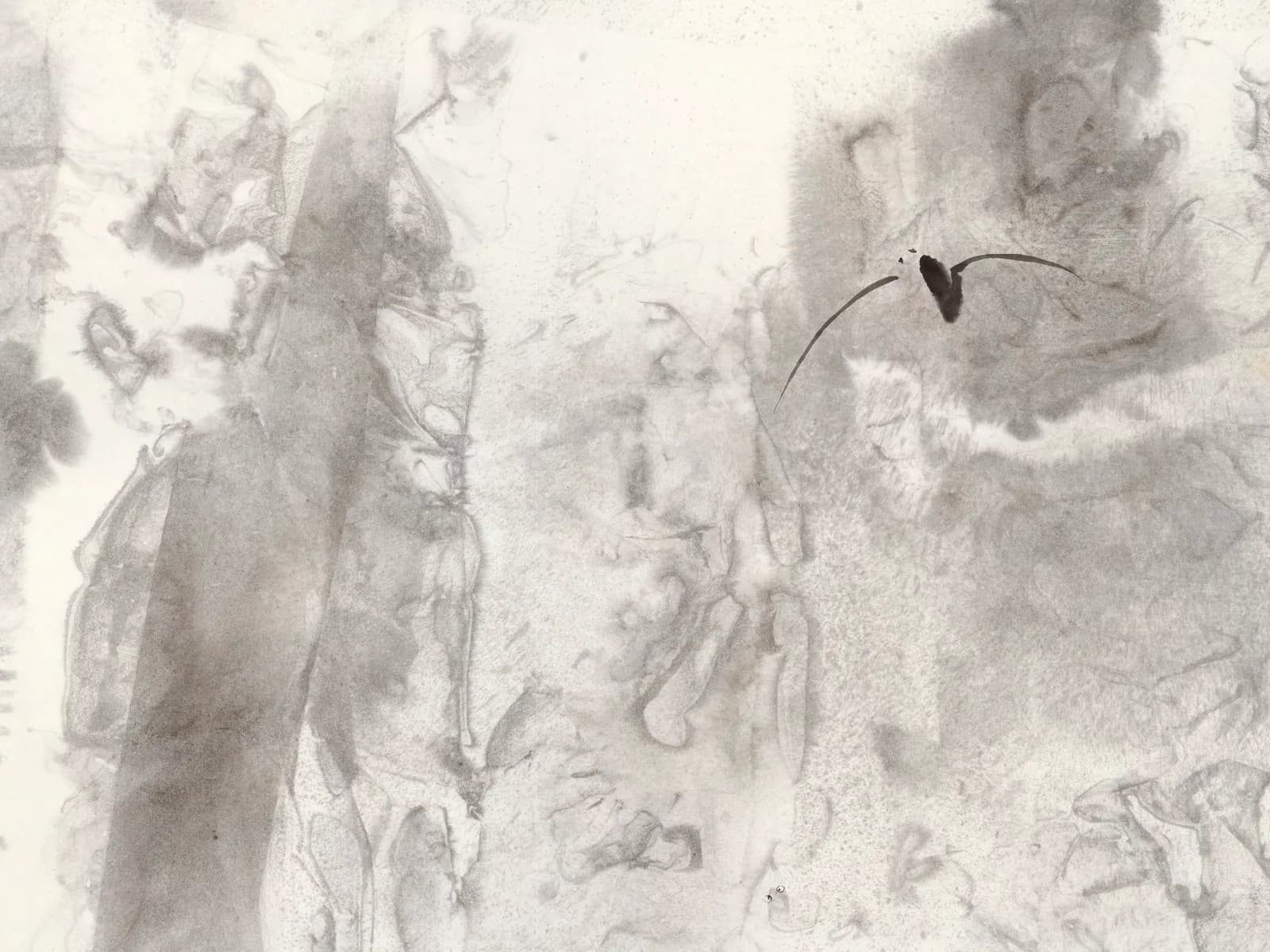 A wide ink painting of pale, misty cliffs with a single bird flying across the open sky.