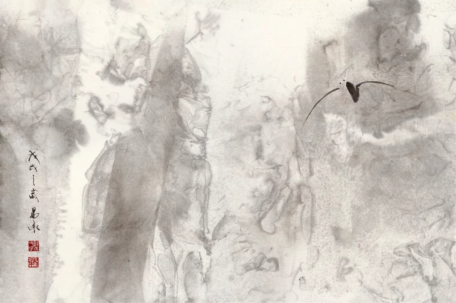 A wide ink painting of pale, misty cliffs with a single bird flying across the open sky.