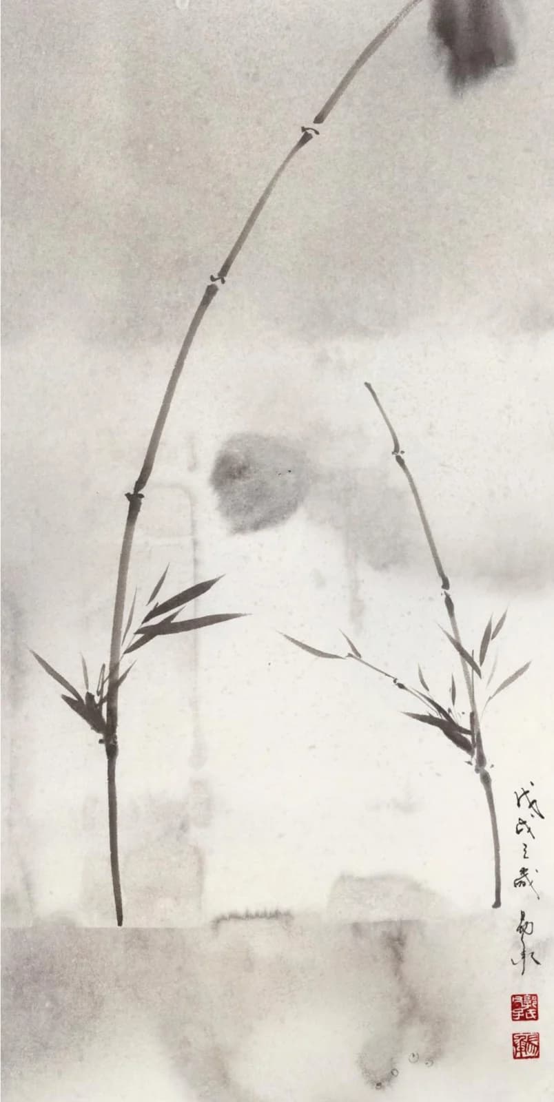 A tall ink painting of two thin bamboo stalks leaning towards each other against a soft grey sky.